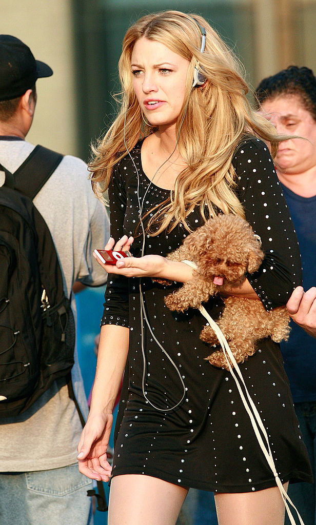 A young woman walking, holding a small dog, and listening to her iPod with headphones