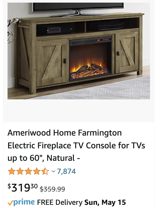一个假壁炉电视站在亚马逊上销售# x27; s的网站