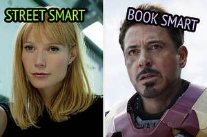 pepper potts on the left with street smart written over her and tony stark on the right with book smart written over him