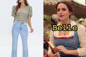 On the left, someone wearing high-waited jeans and a short sleeve blouse, and on the right, Emma Watson with a book in her hand as Belle in the live-action Beauty and the Beast