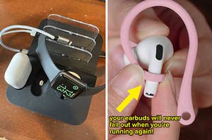 A charging station and an earbud in a headphone loop