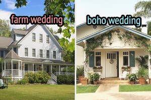 On the left, a farmhouse out in the country with a front porch labeled farm wedding, and on the right, a house with vines growing around the front door and plants all around labeled boho wedding