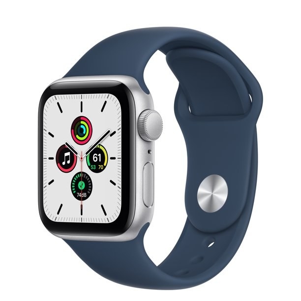 the silver apple watch with blue wristband