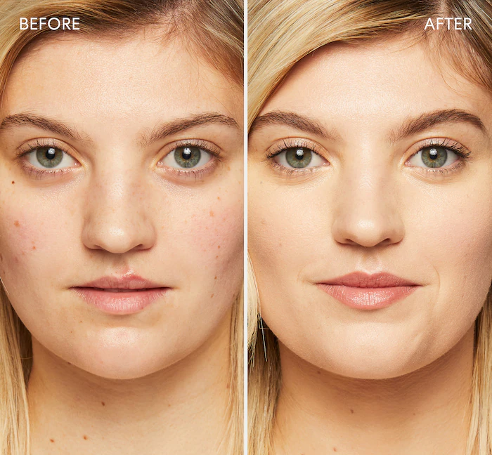 A before image of a person without makeup, An after image of their skin looking more even with less redness