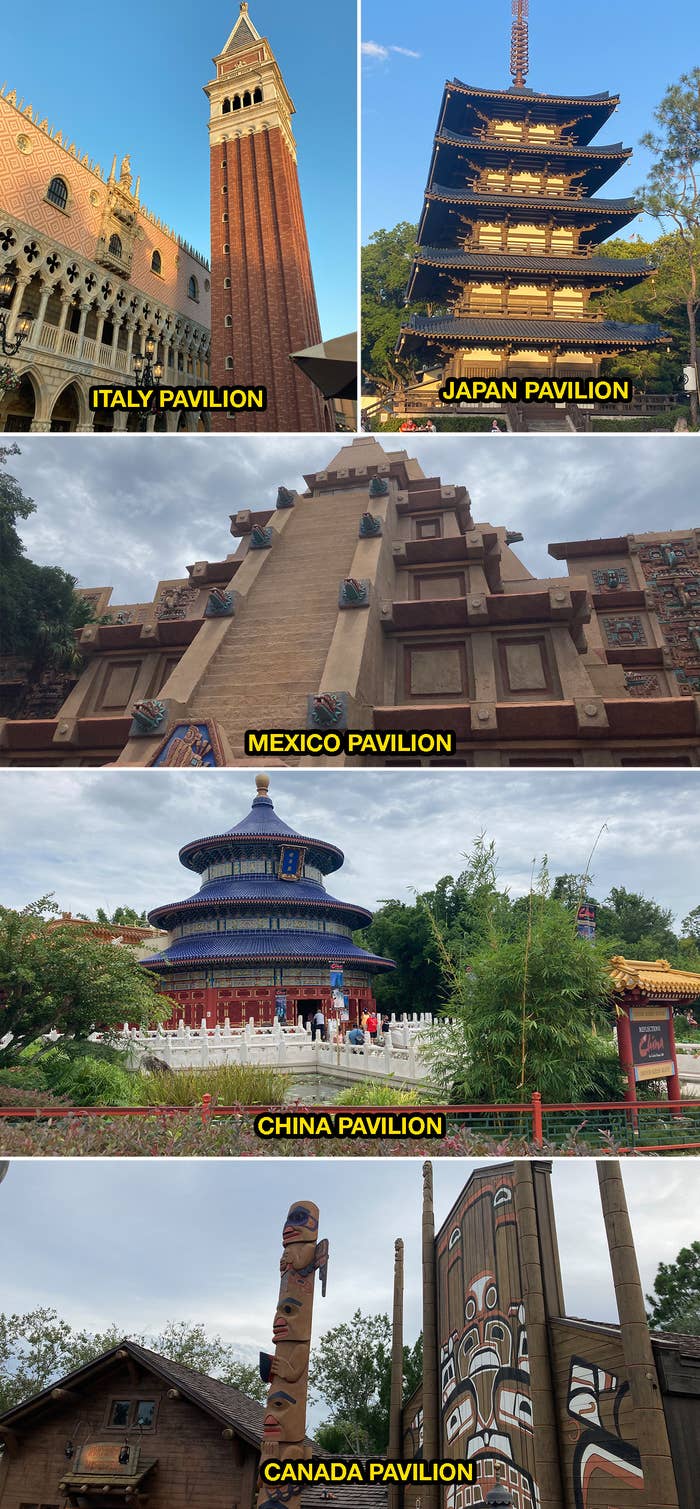 Various pavilions at the World Showcase at Disney World