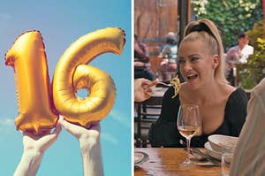 On the left, someone holding up a 1 balloon and a 6 balloon, and on the right, Meredith Hagner opening her mouth to eat some pasta as Portia on Search Party