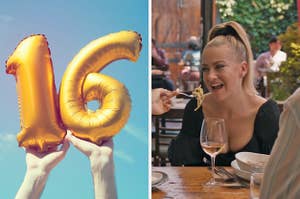 On the left, someone holding up a 1 balloon and a 6 balloon, and on the right, Meredith Hagner opening her mouth to eat some pasta as Portia on Search Party