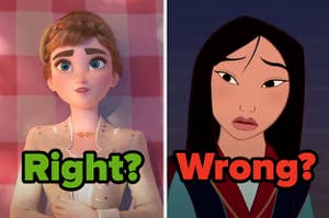 anna from frozen with thick brows labeled "Right?" and mulan with thin brows labeled "wrong?"