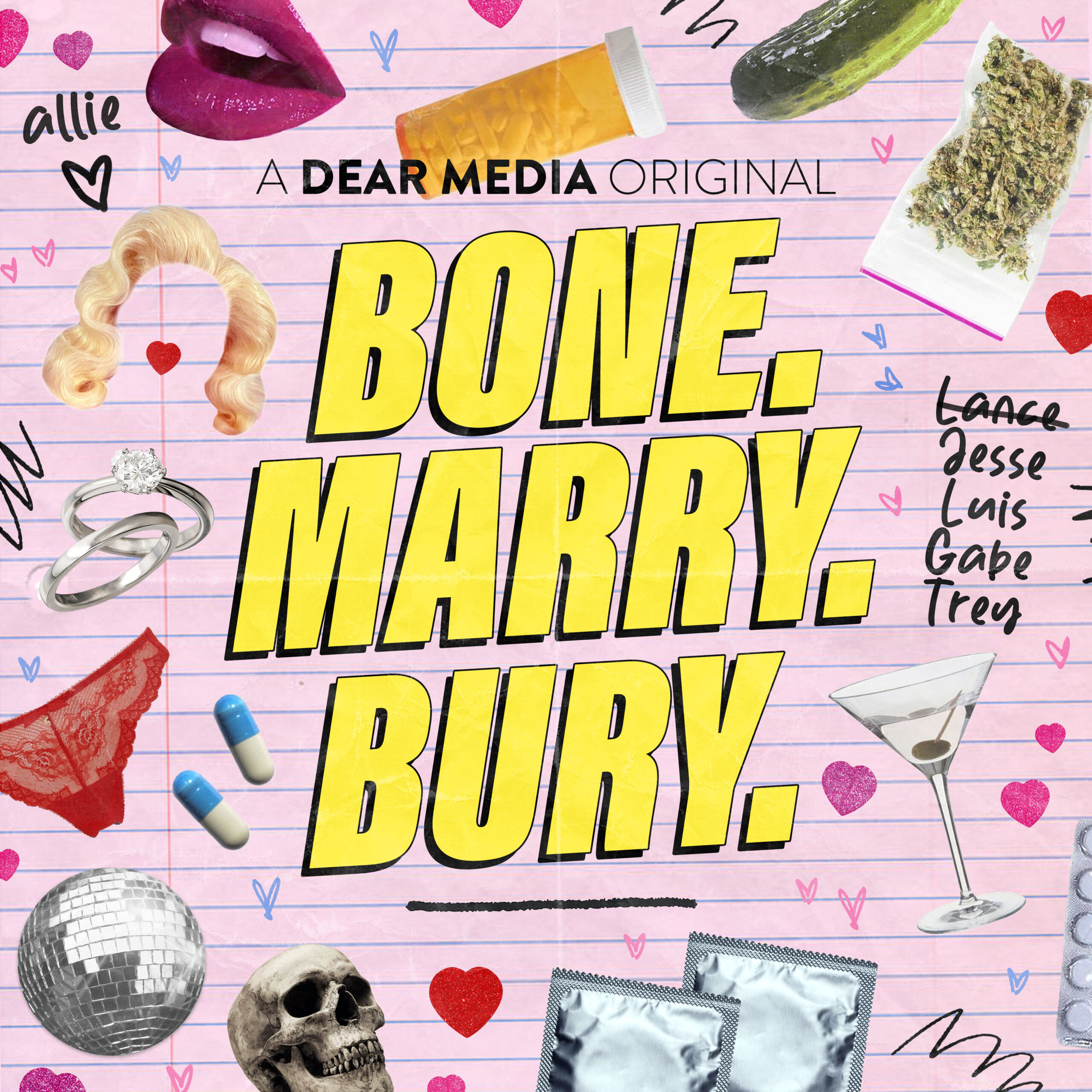 A pink notebook paper cover with random items like condom wrappers, a martini, disco ball, skull, and the title Bone Marry Bury
