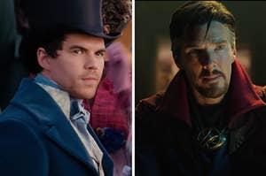 Benedict is turned to the side on the left with Doctor Strange in a cape on the right