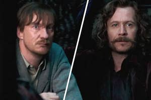 Remus Lupin and Sirius Black sit side by side at a kitchen table