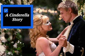 Sam, while wearing a ball gown and a masquerade mask, dances with Austin Ames