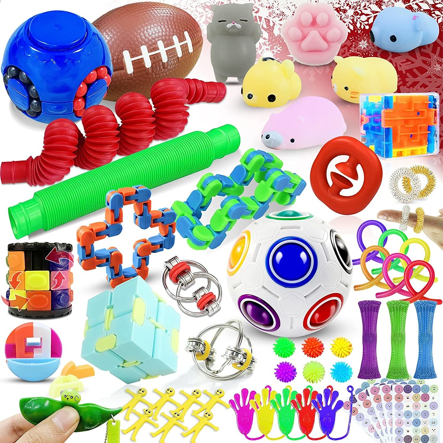an array of fidget toys on a plain background