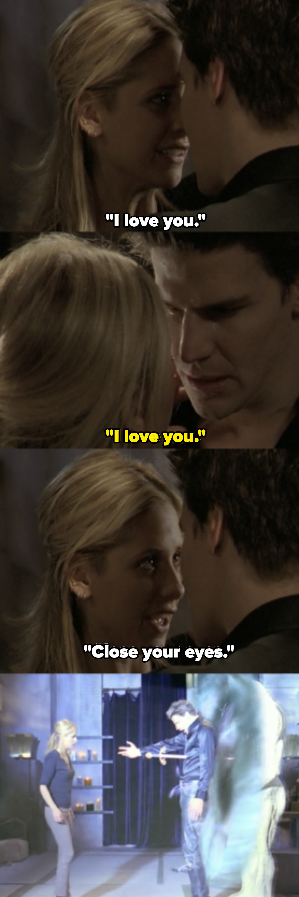 They both say I love you, then Buffy says to close his eyes and stabs him, pushing him into the portal