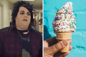 On the left, Jonah Hill wearing a chain, ripped t-shirt, and flannel along with dark eye makeup and emo hair, and on the right, someone holding a soft serve vanilla ice cream cone with sprinkles