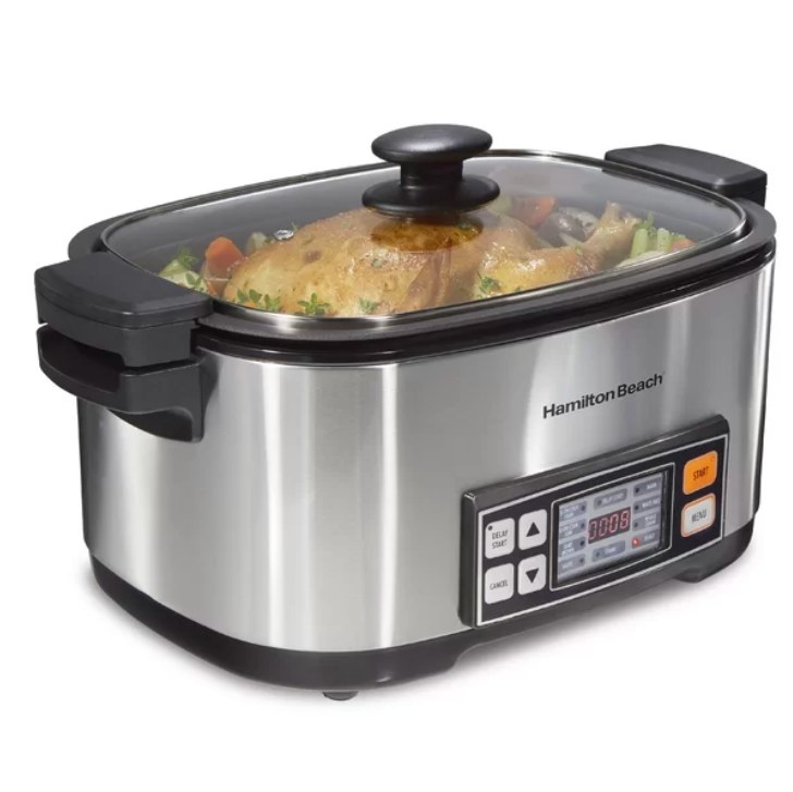 Multi-cooker with a whole chicken inside it