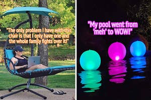 L: reviewer relaxing in a curved hanging chair R: three inflatable glowing balls in a pool