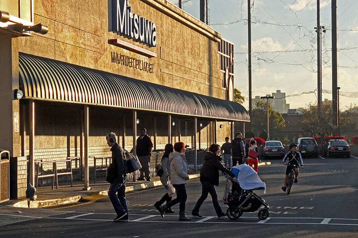 People outside the Mitsuwa supermarket