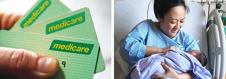 Left: A hand holding a bunch of Medicare cards; Right: A woman holding a baby while lying down in a hospital bed; there is text comparing how in Australia to have a baby there are zero hospital fees while in the US it is very expensive
