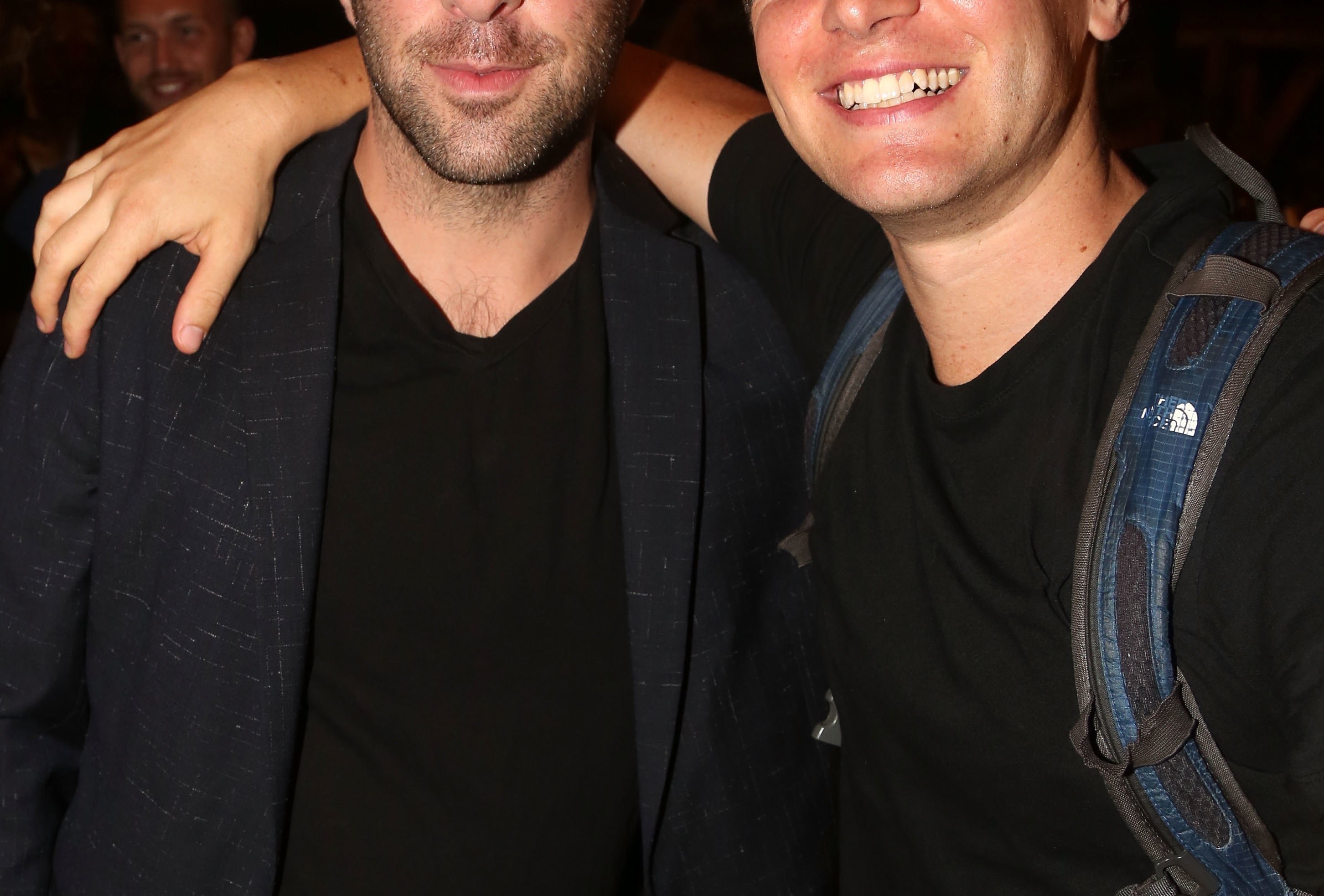 Zachary Quinto and Jonathan Groff pose backstage at the hit musical &quot;Hamilton&quot; on Broadway at the Richard Rogers Theater