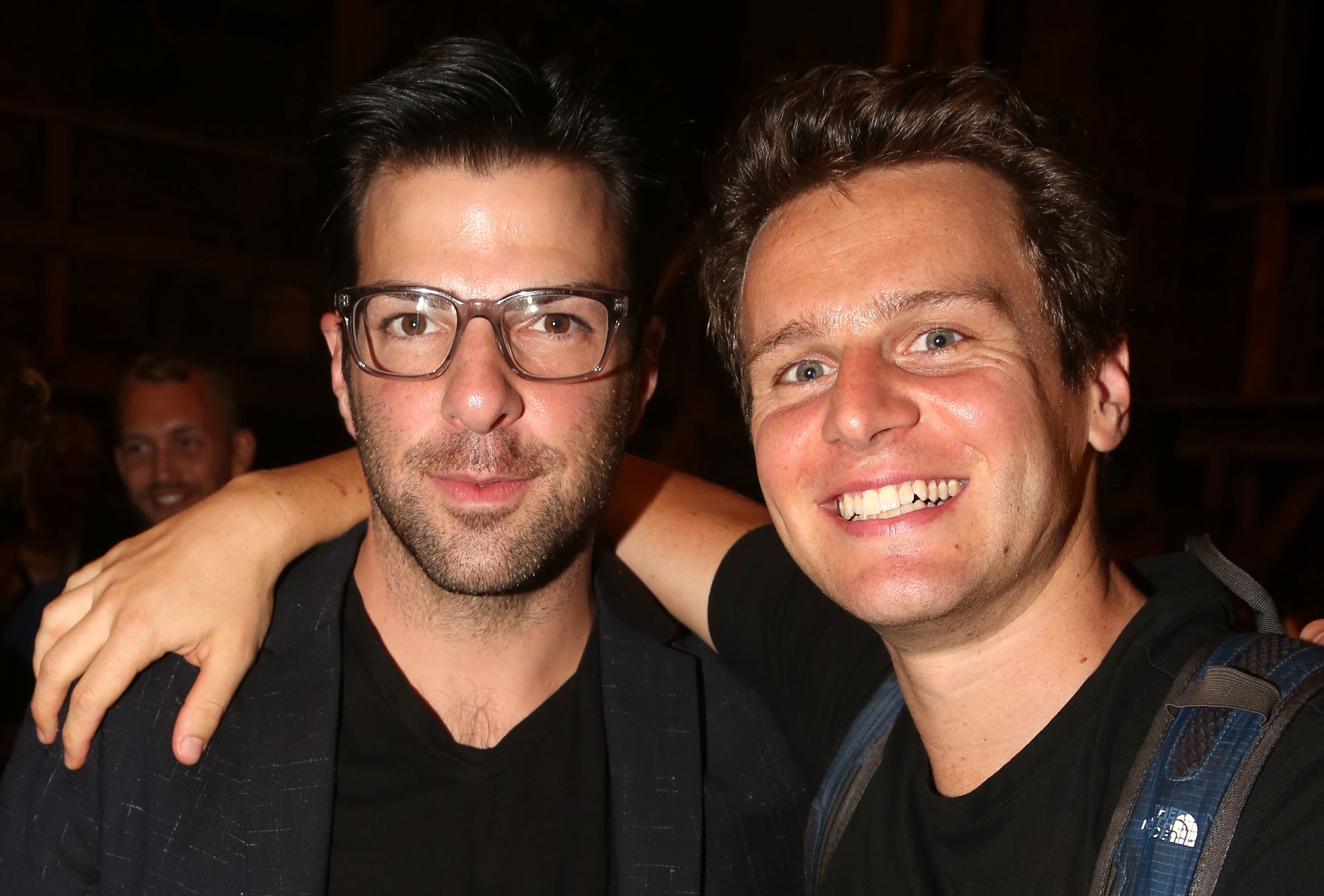Zachary Quinto and Jonathan Groff pose backstage at the hit musical &quot;Hamilton&quot; on Broadway at the Richard Rogers Theater