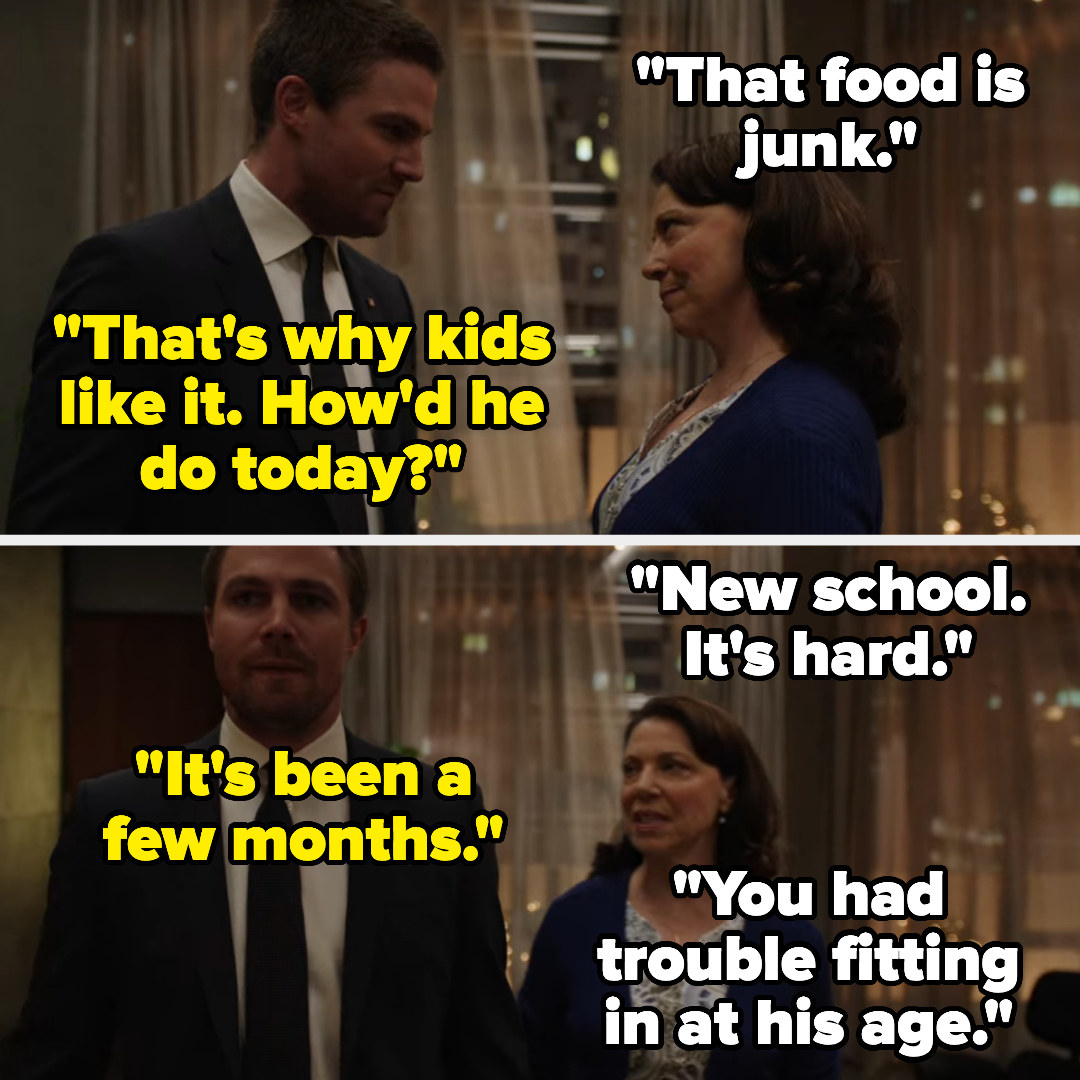 Raisa tells Oliver the food he brought is junk, but oliver says it&#x27;s what kids like. he asks how william&#x27;s been doing, and raisa says the new school is hard, and oliver says it&#x27;s been months. raisa says &quot;you had trouble fitting in at his age&quot;
