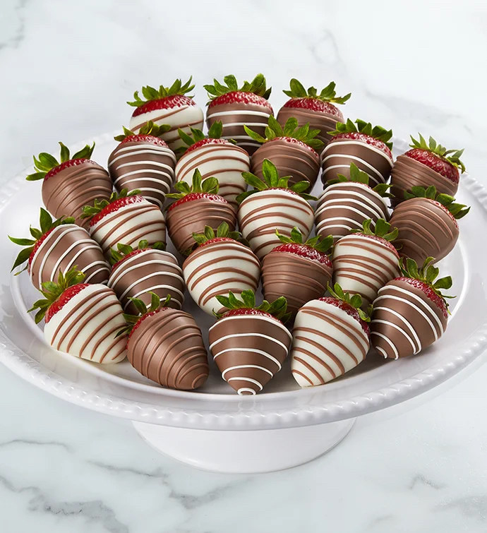 gourmet chocolate covered and drizzled strawberries gift arrangment