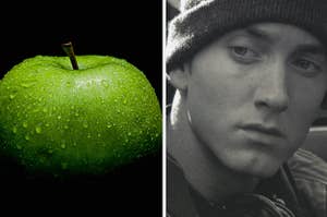 A wet apple is on the left with Eminem on the right