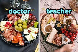 On the left, a board with various meats, cheeses, berries, and grapes labeled doctor, and on the right, a board with various cheeses and crackers, and some grapes, jams, and berries labeled teacher