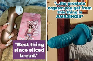 Reviewer holding rose gold suction vibrator and teal ribbed vibrator attached to mirror
