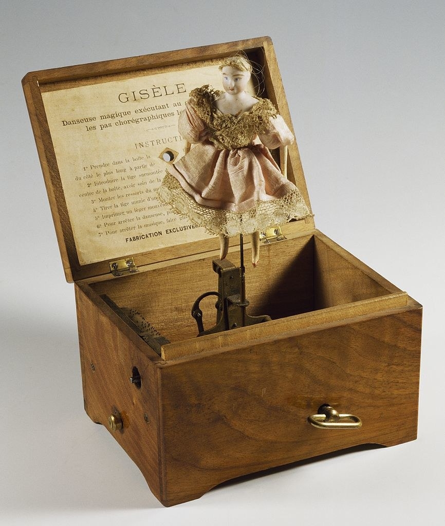 An opened music box with a ballerina