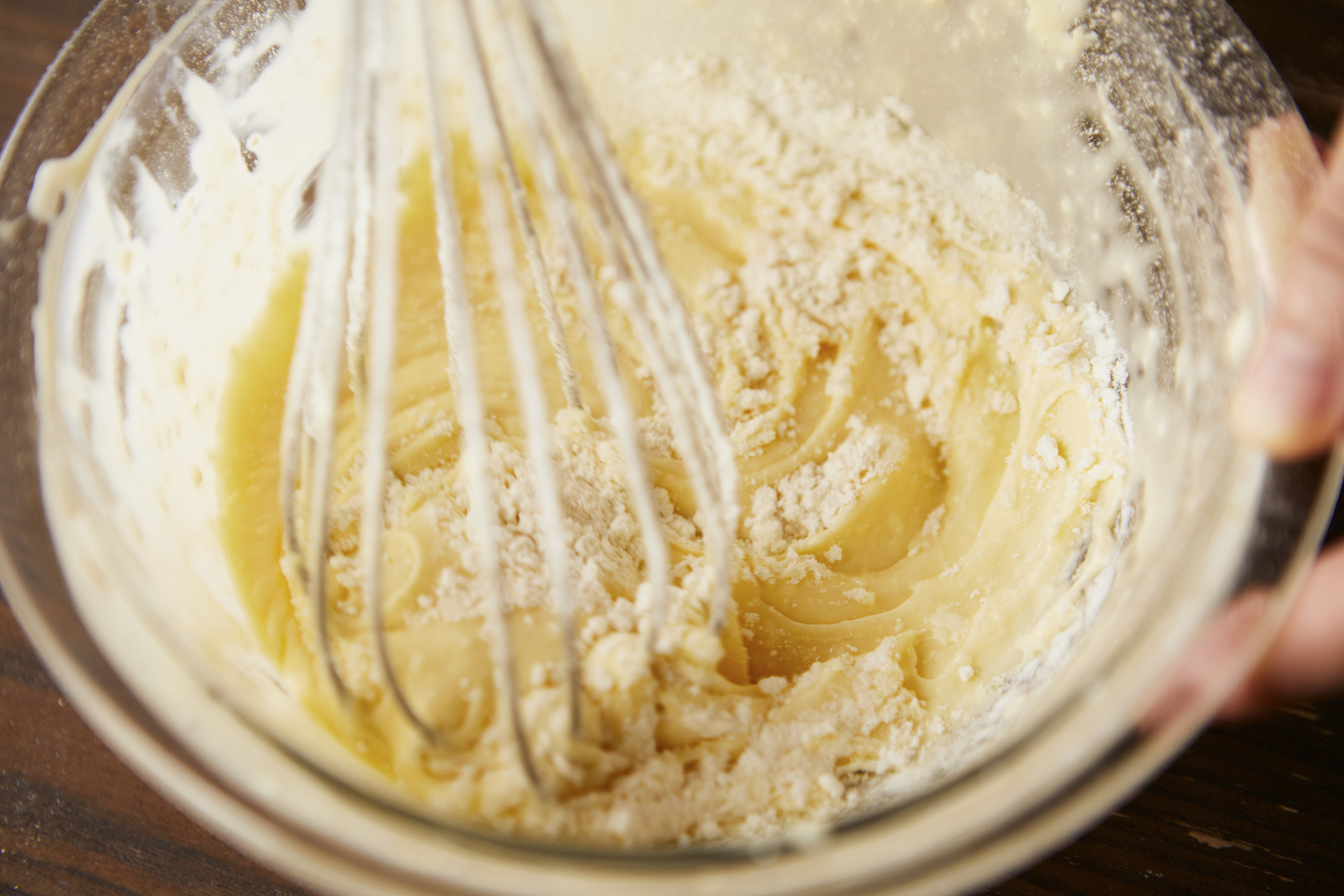 Mixing cake batter in a bowl