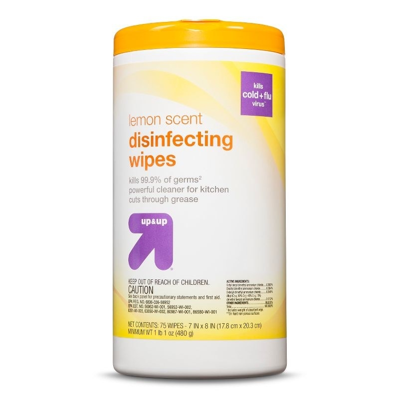 tub of lemon-scented disinfecting wipes