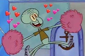 squidward holding pom poms surrounded by emoji hearts