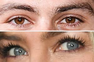 A close up of Dylan O'Brien and Jennifer Aniston's eyes