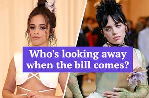 Camila Cabello wears a halter top gown and Billie Eilish wears a gown with lace sleeves