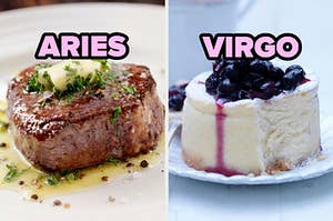 On the left, a steak topped with herbs and butter labeled Aries, and on the right, a small cheesecake topped with blueberries labeled Virgo