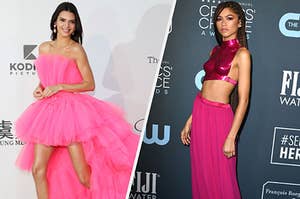 Kendall Jenner wears a brightly colored high low gown and Zendaya wears a long skirt and cropped corset