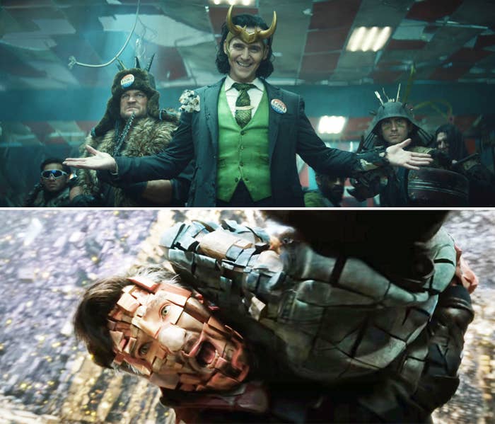 Loki in a scene from his show on the top and a cubed version of Dr. Strange falling