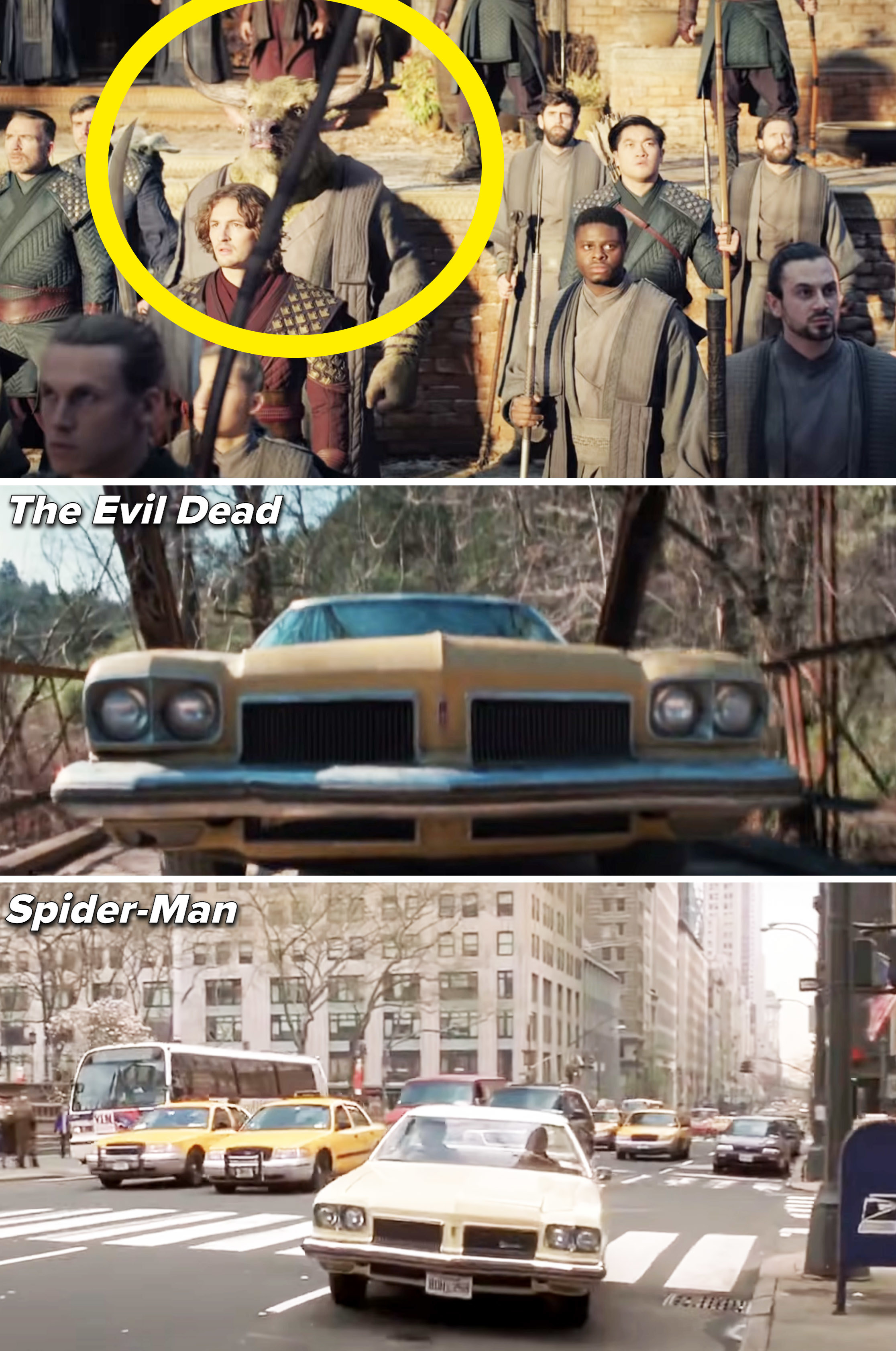 Screenshots from films showing the minotaur in Doctor Strange, and Sam Raimi&#x27;s identical car in The Evil Dead and Spider-Man