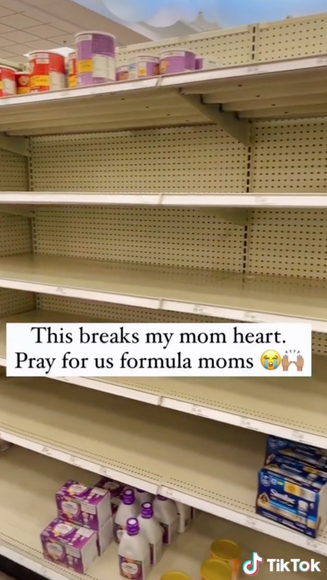 Completely empty store shelves with the caption &quot;This breaks my mom heart, pray for us formula moms&quot;