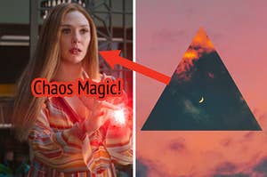 Wanda Maximoff holds a ball of magic in her hands a picture of a moon inside of a triangle