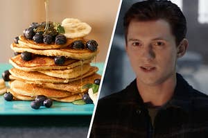 A stack of  blueberry topped pancakes and a close up of Peter Parker