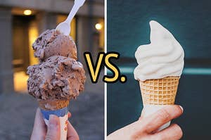 On the left, someone holding a chocolate ice cream cone, and on the right, someone holding a vanilla ice cream cone with versus typed in the middle
