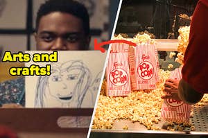 A man holds up a picture he drew of a woman and a hand fills up a popcorn bag