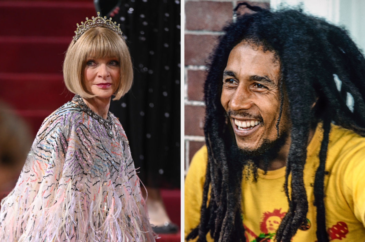 Anna Wintour at an event; Bob Marley smiling