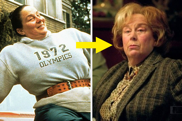 Pam Ferris in Matilda and in Harry Potter with an arrow in between her face in both stills