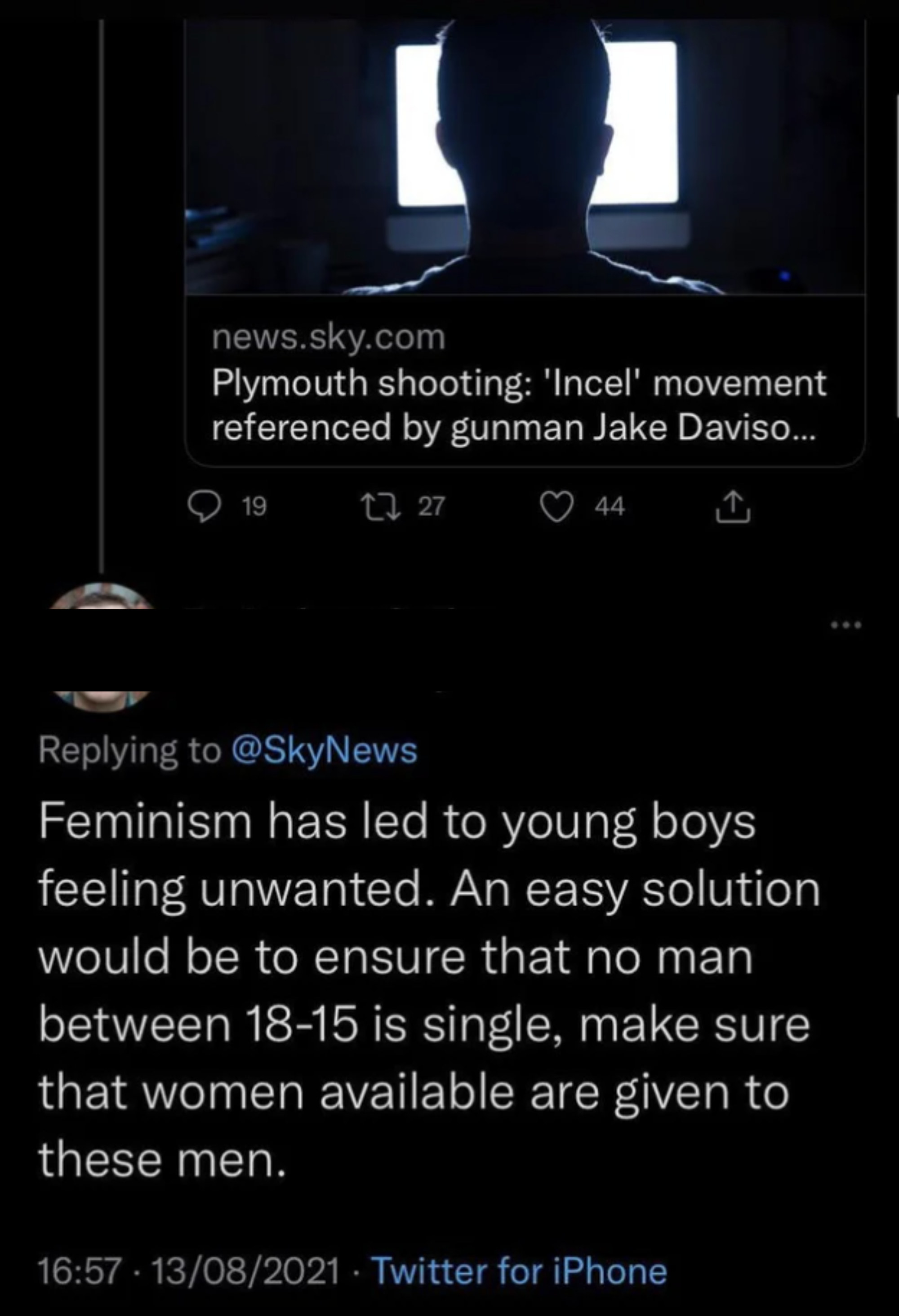 Post with a comment from someone saying, &quot;Feminism has led to young boys feeling unwanted. An easy solution would be to ensure that no man between 18-15 is single, make sure that women available are given to these men.&quot;