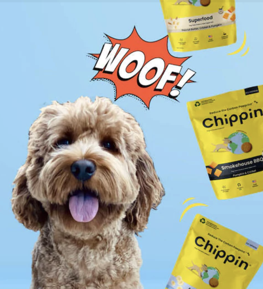 a dog surrounded by three yellow treat bags with text: woof!