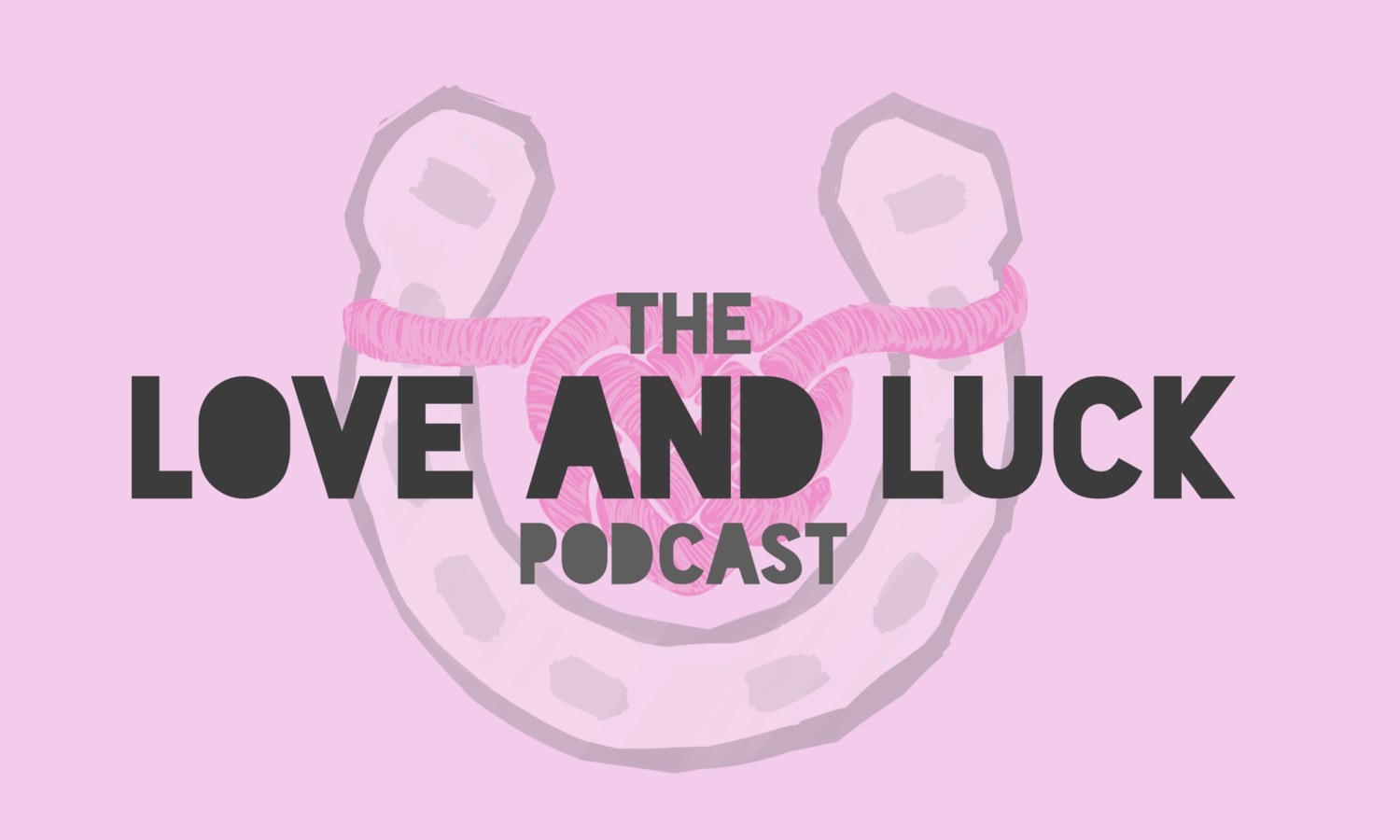 A pink logo with the podcast title and a knit heart tied around a wishbone